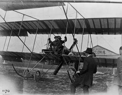 Bristol Boxkite, Collyns Pizey with passenger, Larkhill, 1912 (credit: BAE Systems)